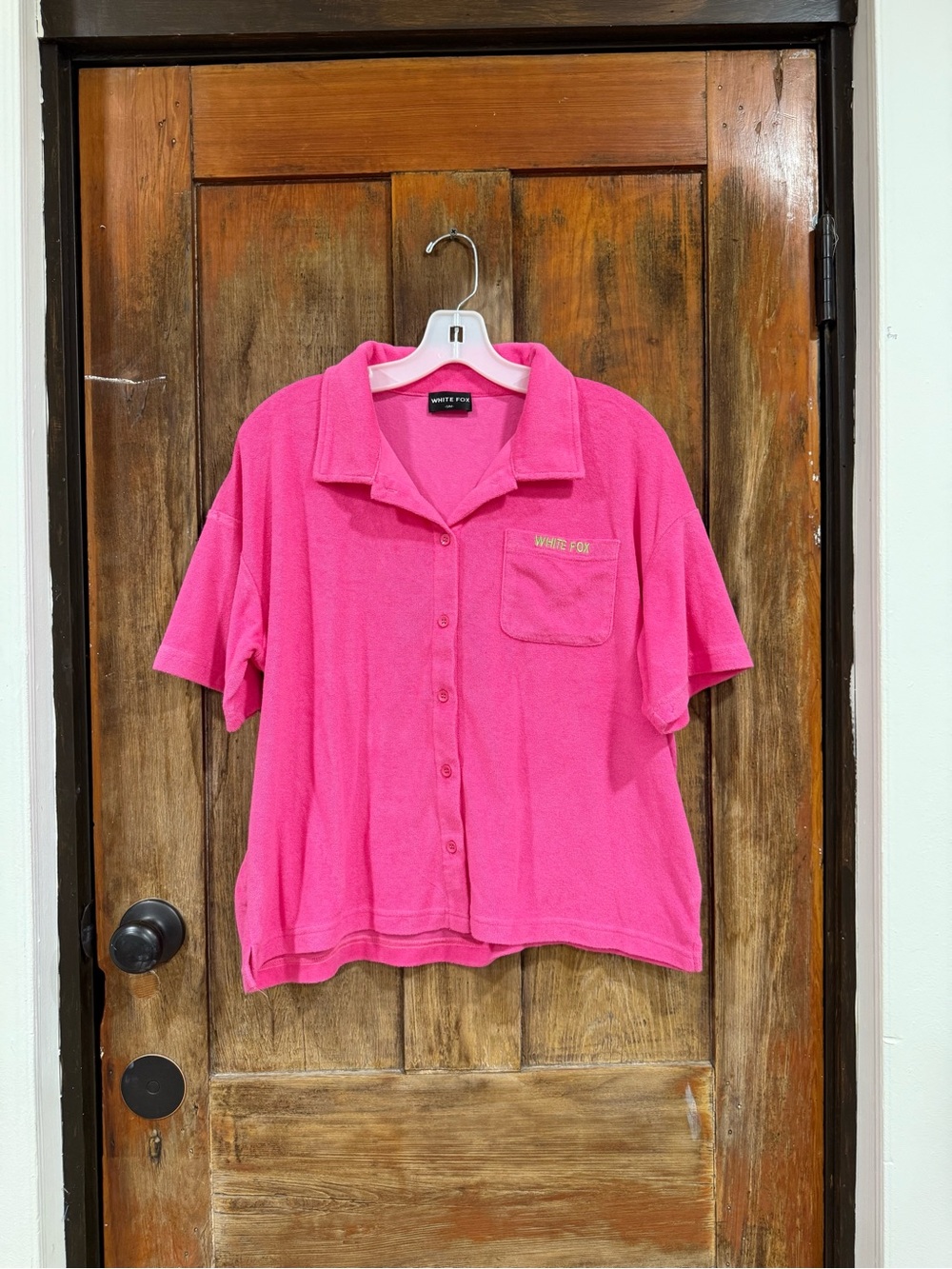 White Fox Boutique Hot Pink Short Sleeve Button Front Terry Polo